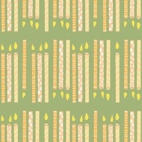 Let’s Party handdrawn pattern birthday celebration candle stripes in two directions, orange, pale pink yellow and white on deep celadon green 6” repeat