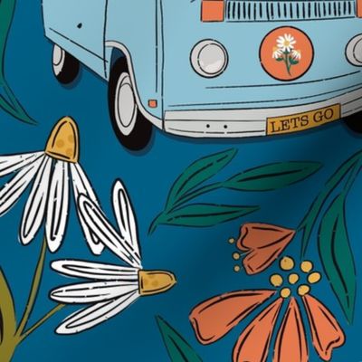 Camper Van Floral Large, Vintage Retro, VW Inspired, Bright Color, Blue and Orange, Green and White, Vintage Camping, Retro Inspired