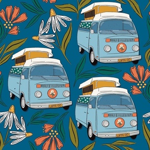 Camper Van Floral Large, Vintage Retro, VW Inspired, Bright Color, Blue and Orange, Green and White, Vintage Camping, Retro Inspired