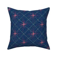 Let’s Party sparkles and fireworks watercolour on diamond grid dark blue background, coral salmon and peach pink 6” repeat