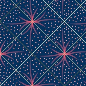 Let’s Party sparkles and fireworks watercolour on diamond grid dark blue background, coral salmon and peach pink 6” repeat