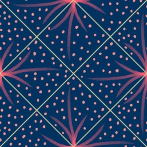 Let’s Party sparkles and fireworks watercolour on diamond grid dark blue background, coral salmon and peach pink 12” repeat