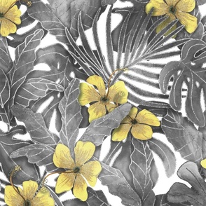 GREY TROPICAL LEAVES YELLOW HIBISCUS LIGHT