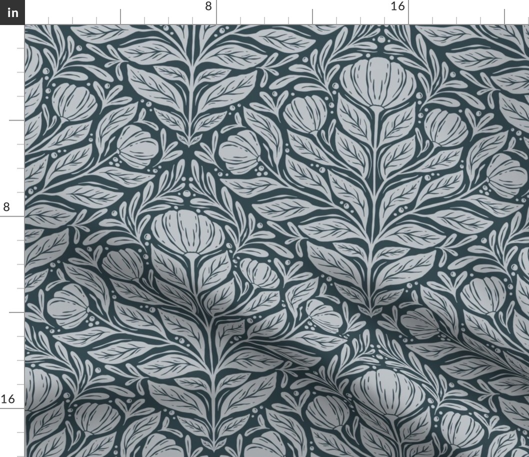 Moody Victorian Floral Damask - Pantone Ultra-Steady - blue on blue - medium