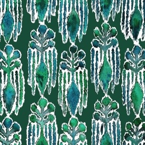 Emerald Ikat Botanical Watercolor Medium