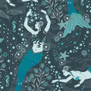 Dance of the Mermaids - dusty teal, turquoise, blue and green - Pantone Ultra Steady palette - extra large