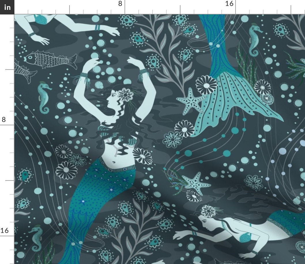 Dance of the Mermaids - dusty teal, turquoise, blue and green - Pantone Ultra Steady palette - extra large