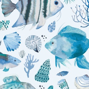  Ocean life Coastal watercolor Fish, seahorse, coral reef and shellfish Light Blue Jumbo Large