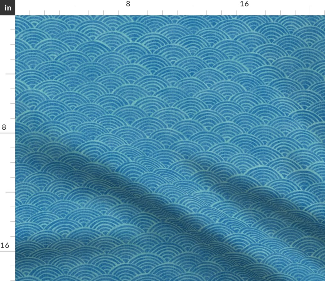 Ocean Waves, Sea Fabric (xl scale) | Hand drawn waves pattern in tropical blues, seigaiha fabric, turquoise blue, tropical sea, surf, beach fabric, summer sea.