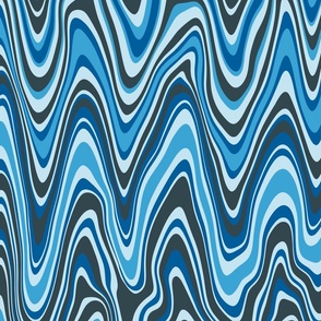 Psychedelich Waves- Retro Trippy Waves- Vintage 70s- Pantone Ultra-Steady- Saturated Midnight Blue- Cobalt Blue- Denim Blue- Sky Blue- Horizontal Wave- Large