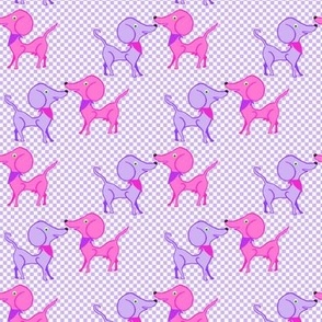 Puppy Love on Checks  in Pink and Lavender - 4 inch offset repeat