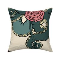 (L) Damask Cream BG Pink Rose with Teal 24x32 LeonardosCompass 14903232