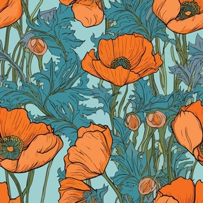 Large Scale Orange California Poppy - Art Deco - Art Nouveau - Teal - Sky Blue