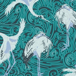 Cranes falling in water | Japanese waves | Japandi birds in teal and navy | sea ocean wave movement