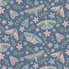 Moths and flowers in blue pink and green 