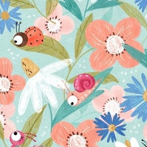 Cute colorful Snails, Ladybugs and Daisies and wildflowers on mint, large scale