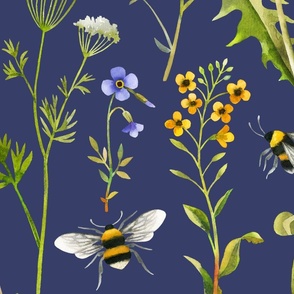 XXL Extra Large Scale / Bees And Wildflowers / Dark Blue 