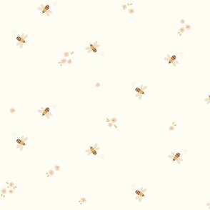 Bees and Flowers Yellow Pink on Cream Doodle Summer Bugs - Small