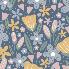 Large hand drawn flowers in blue pink yellow