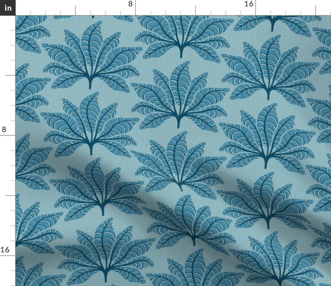 Leafy Fans - Medium - Dusty Blue - Linen Texture