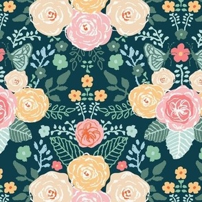 Blooming Countryside Cottage Garden on Dark Teal Green: Delicate leaves surround hand-drawn English roses, delicate butterflies, and ranunculus flowers.