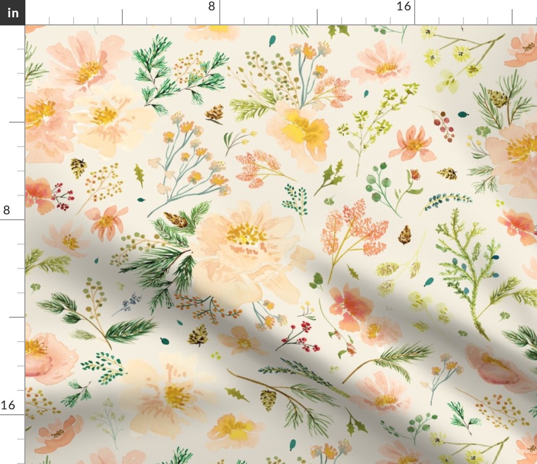 Peach Winter Botanical on Off White Background