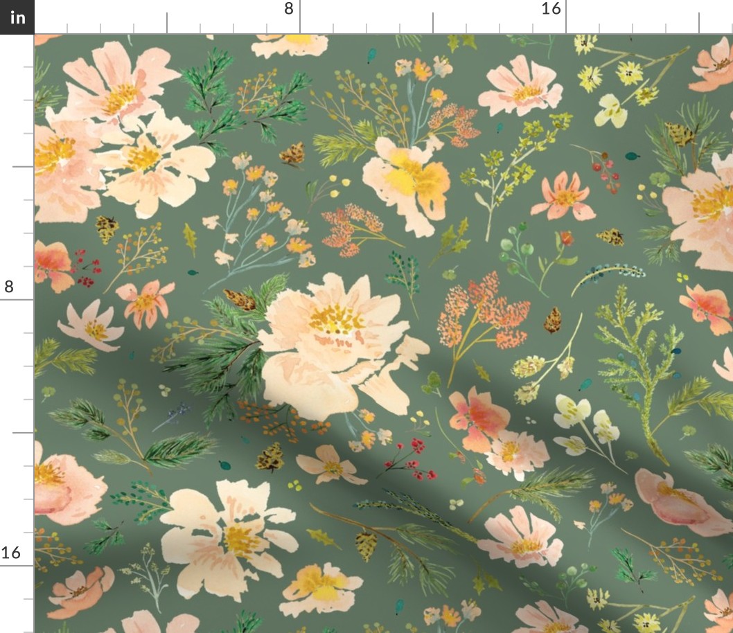 Peach Winter Botanical on Rosemary Green Background