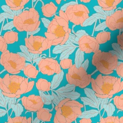 Peony - Peach, Turquoise, Yellow, Coral, Flowers, Floral, Peonies