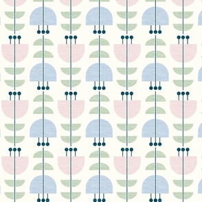 Scandi Pastel Pink, Blue and Green Tulips on Pearl White Ground Non Directional Textured Retro Medium Scale