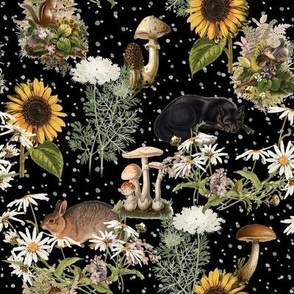 Woodland Animals Cottagecore Black Floral Vintage Polka Dots 8" MEDIUM