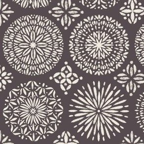 Detailed Handdrawn Mandala Tile | Creamy White | Purple-Brown-Gray 02, Detailed