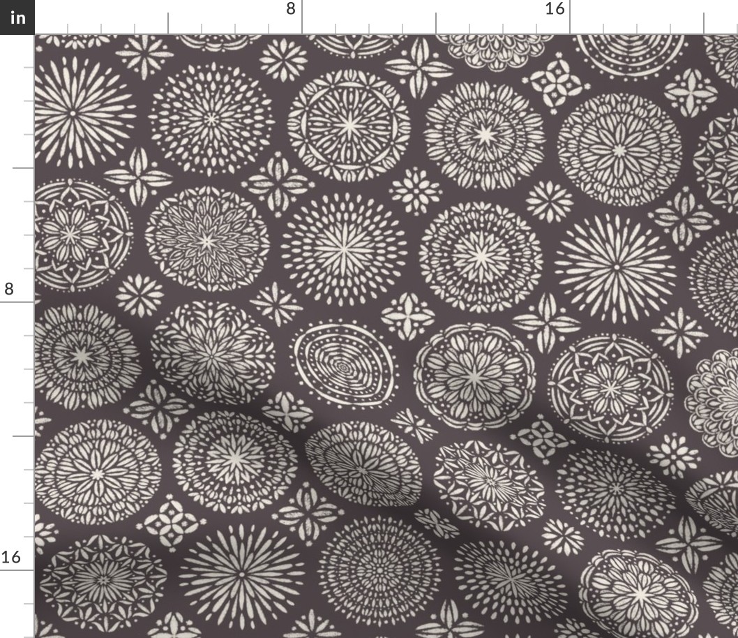 Detailed Handdrawn Mandala Tile | Creamy White | Purple-Brown-Gray 02, Detailed
