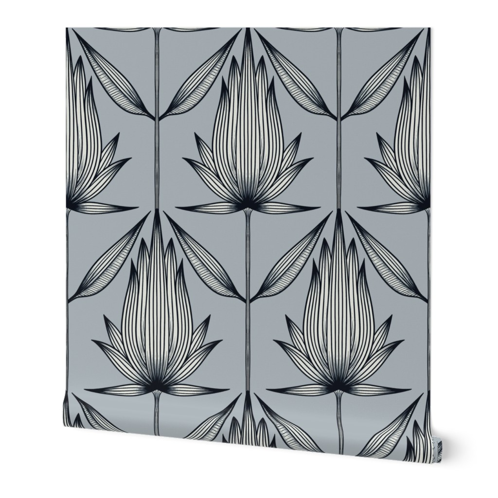 Doodle Flower, Black, Creamy White, French Gray Blue | Floral
