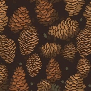 Pine cones - brown, gold, green on black 