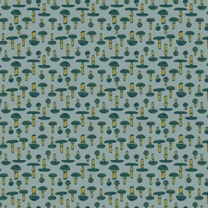 small - mushrooms in green on turquoise