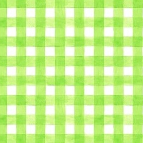 Neon Green Watercolor Gingham - Ditsy Scale - Chartreuse or Lime Green Checkers Buffalo Plaid Checkers