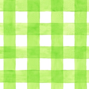 Neon Green Watercolor Gingham - Large Scale - Chartreuse or Lime Green Checkers Buffalo Plaid Checkers