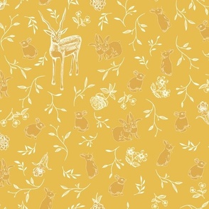 (size small) Toile de Jouy bunnies and deer hiding in the woods on mustard yellow