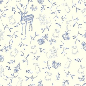 (size small)Toile de Jouy blue bunnies and deer hiding in the woods on creamy white 