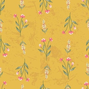 (size small ) mid-century Modern pink floral on textured  mustard yellow
