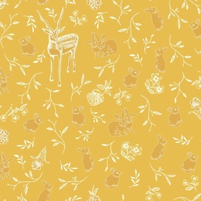 (size large) Toile de Jouy bunnies and deer hiding in the woods on mustard yellow