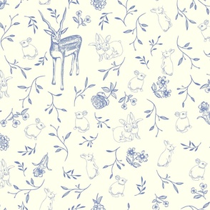 (size large)Toile de Jouy blue bunnies and deer hiding in the woods on creamy white 