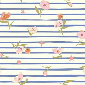 summer peachy  flowers and baby blue horizontal stripes on creamy white  