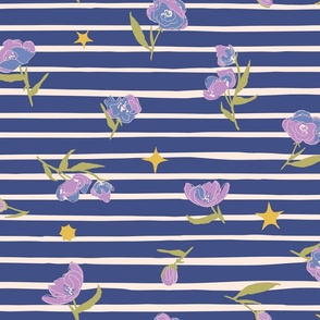 summer purple flowers and white stripes on navy blue
