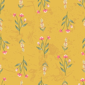 (size large ) mid-century Modern pink floral on textured  mustard yellow