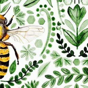 Watercolour Bee Brocade - Green