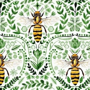 Watercolour Bee Brocade - Green (Small)