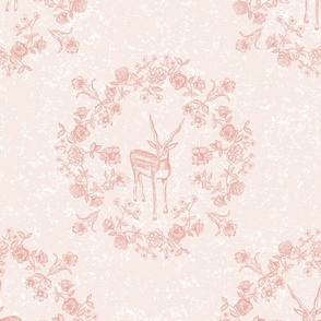 (size large) Victorian style pink  deer in a floral wreath repeat  on textured blush