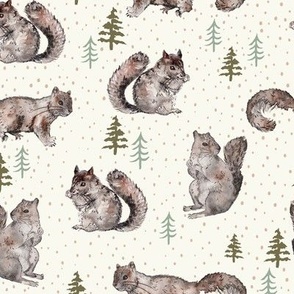 Squirrel in the Woods in Cream, Sage, Green and Brown