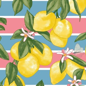 lemons and stripes - blue & pink - large